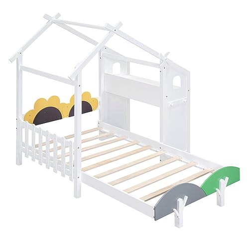 House-Shaped Twin Size Platform Bed with Windmill and Flower Decor E549