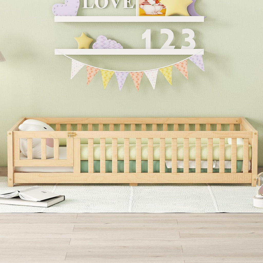 Twin Size Montessori Floor Bed with Door and Fence for Kids, Easy Assembly, Natural S369
