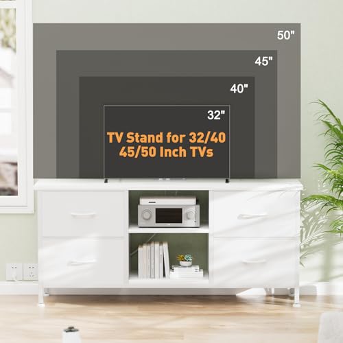 TV Stand with 4 Fabric Drawers and Open Shelves for 50" TV, Black Wood Veins F648
