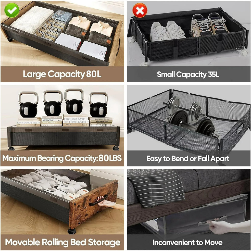 Under Bed Storage with Wheels, 2 Pack Rolling Metal Drawer for Clothes Q5272