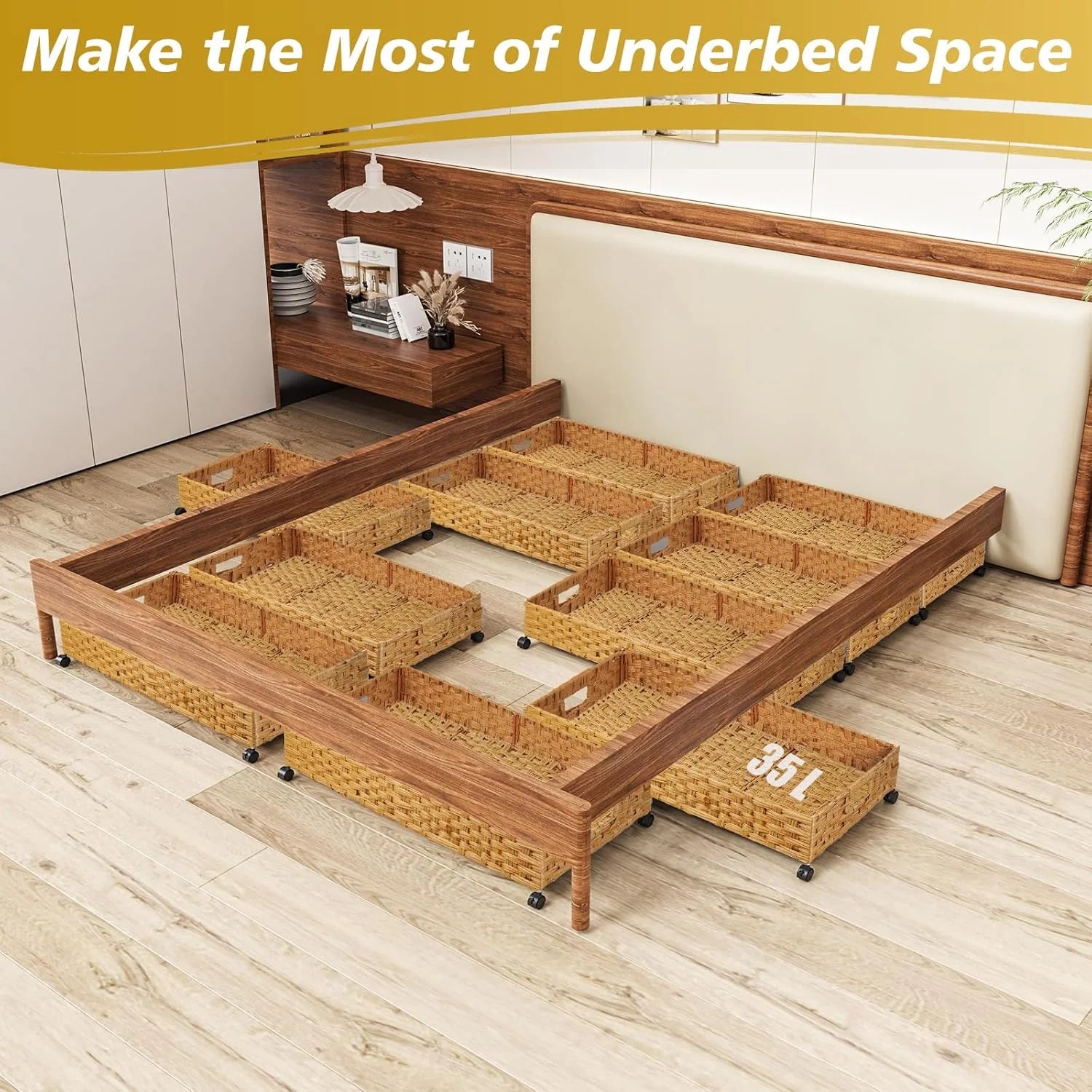 Under Bed Storage Containers with Wheels, 2 Pack, Rattan Organizer Drawer B13974