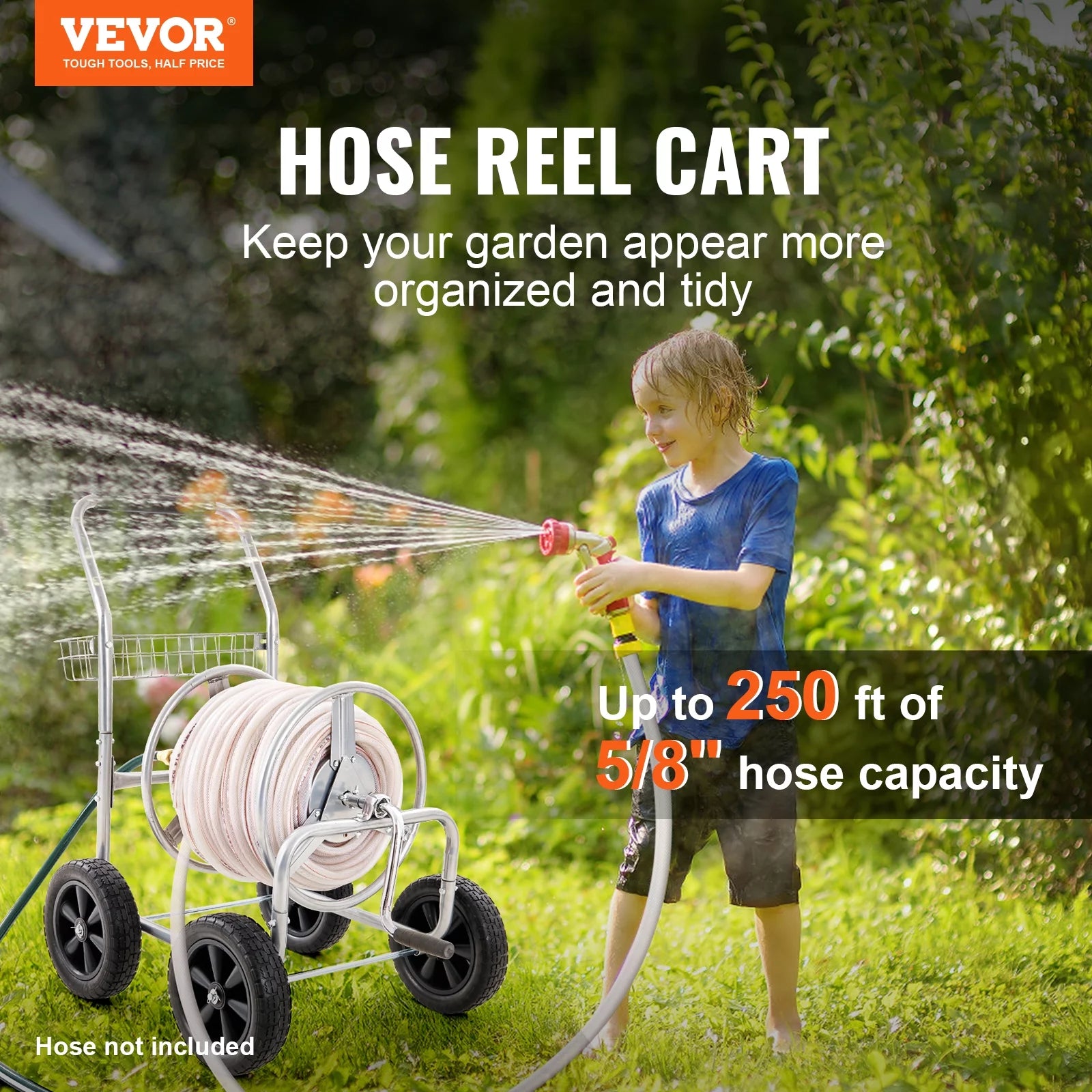 Hose Reel Cart with Wheels, Metal, Holds 250 ft of 5/8" Hose P9804