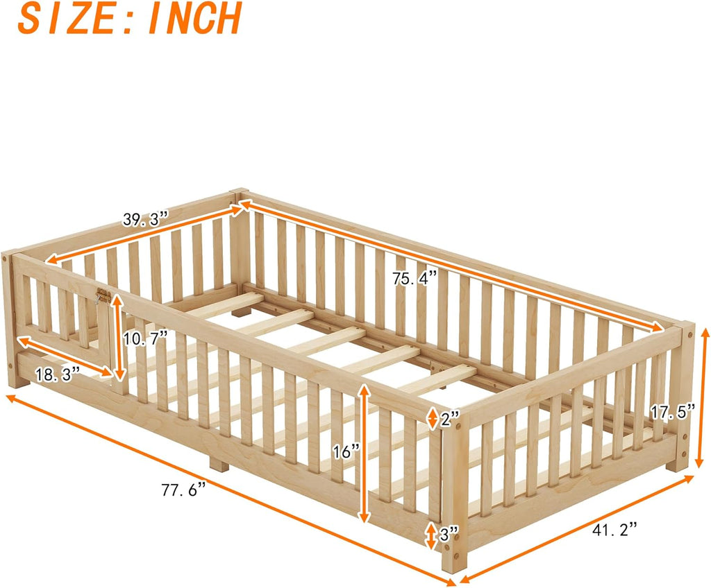 Twin Size Montessori Floor Bed with Door and Fence for Kids, Easy Assembly, Natural S369