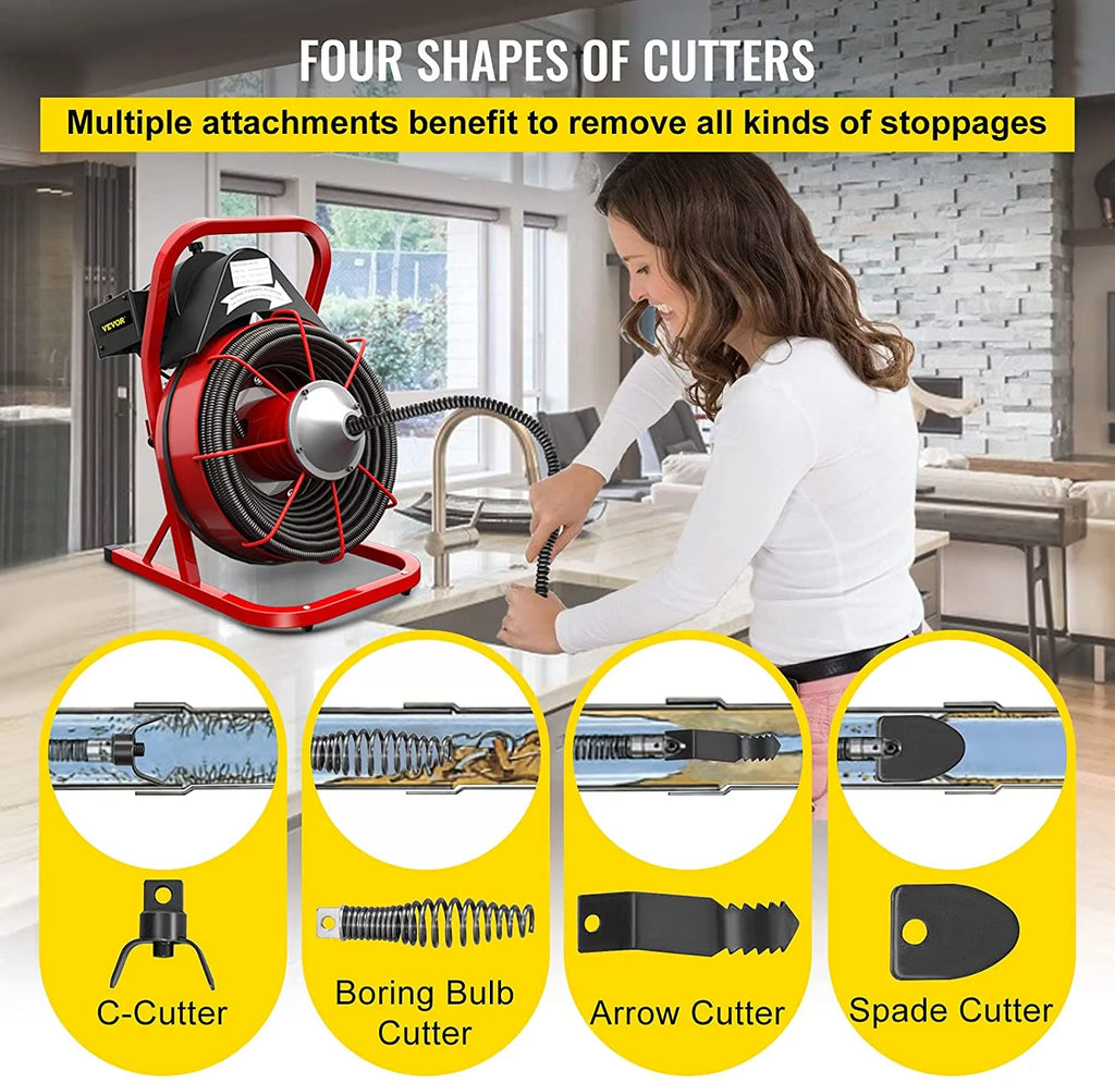 Drain Cleaner Machine 75ft, 370W for 1" to 4" Pipes Y815661