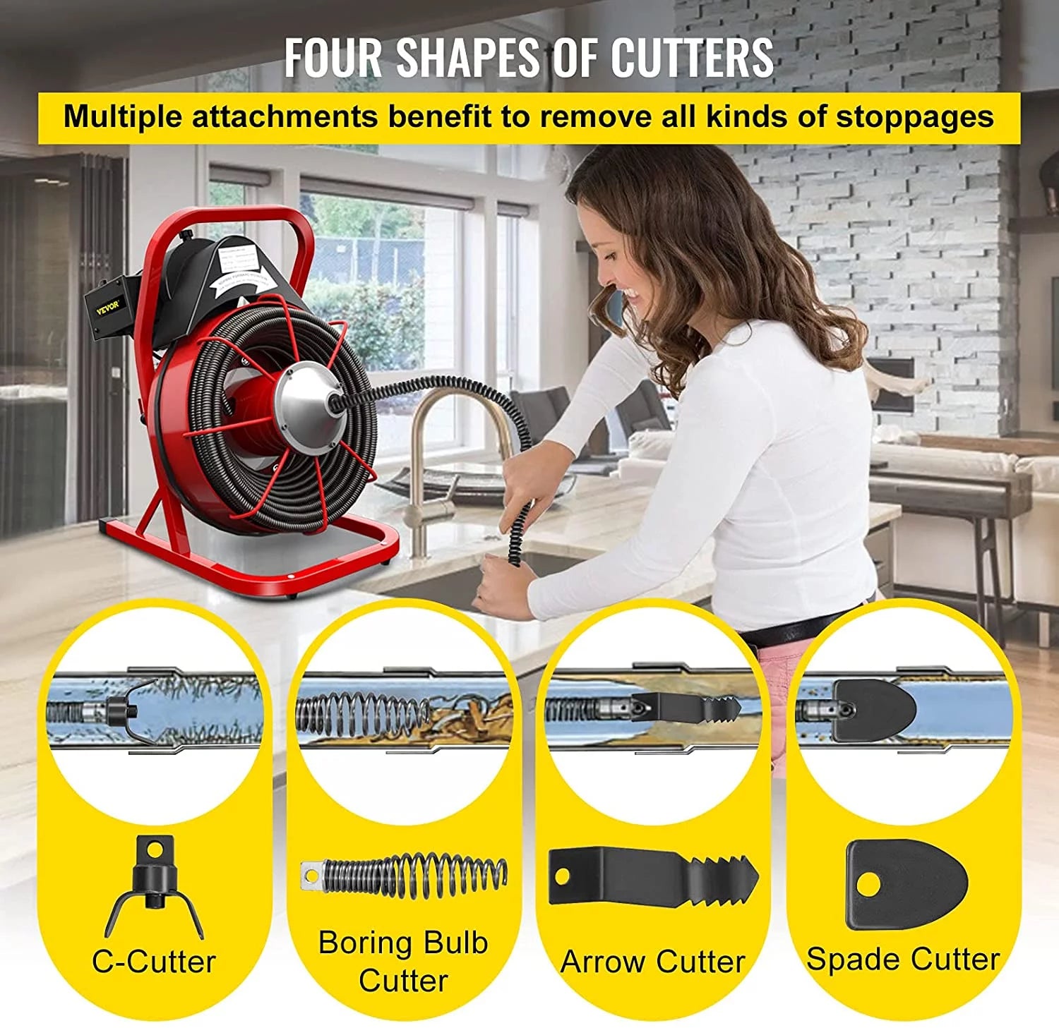 Drain Cleaner Machine 75ft, 370W for 1" to 4" Pipes Y815661