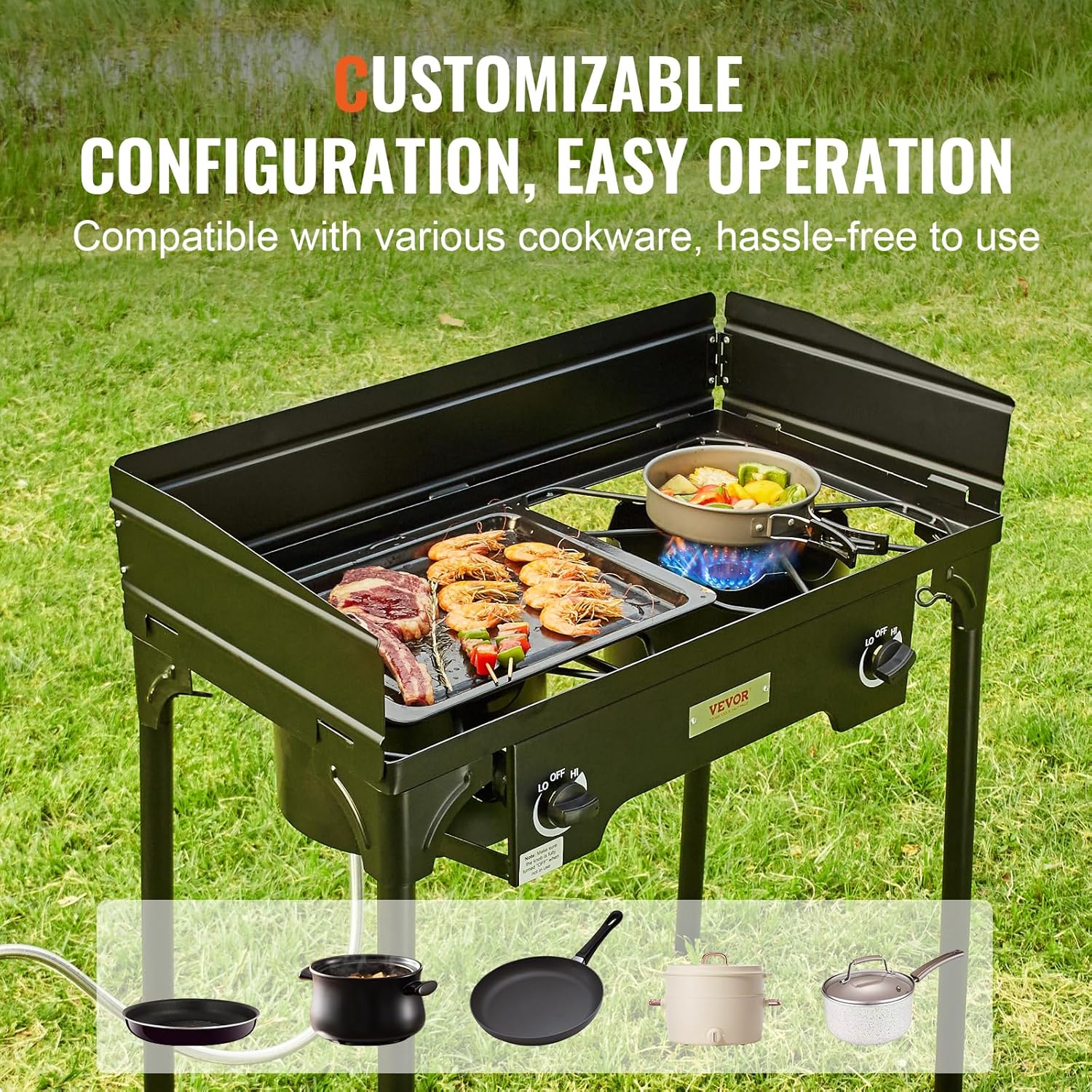 Outdoor Propane Burner, 2 Burner Stove with Windscreen, Heavy Duty Gas Cooker with Detachable Legs Stand K541773