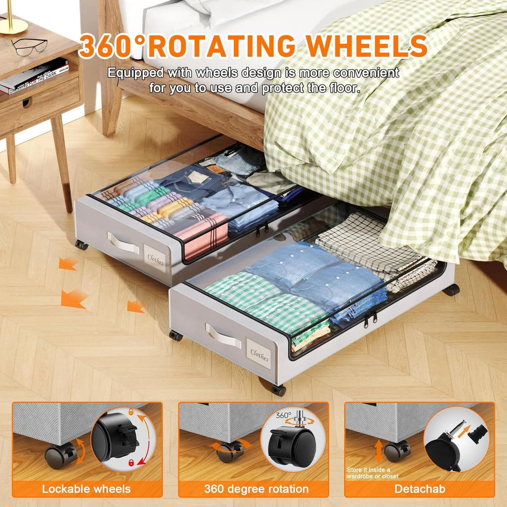 Under Bed Storage Containers with Wheels and Clear Lids, 60L, Gray J9914