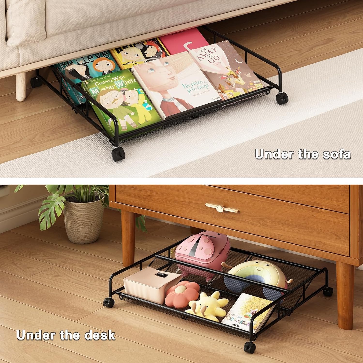 Under Bed Shoe Storage Organizer, 2 Pack Metal Mesh with Wheels J5210