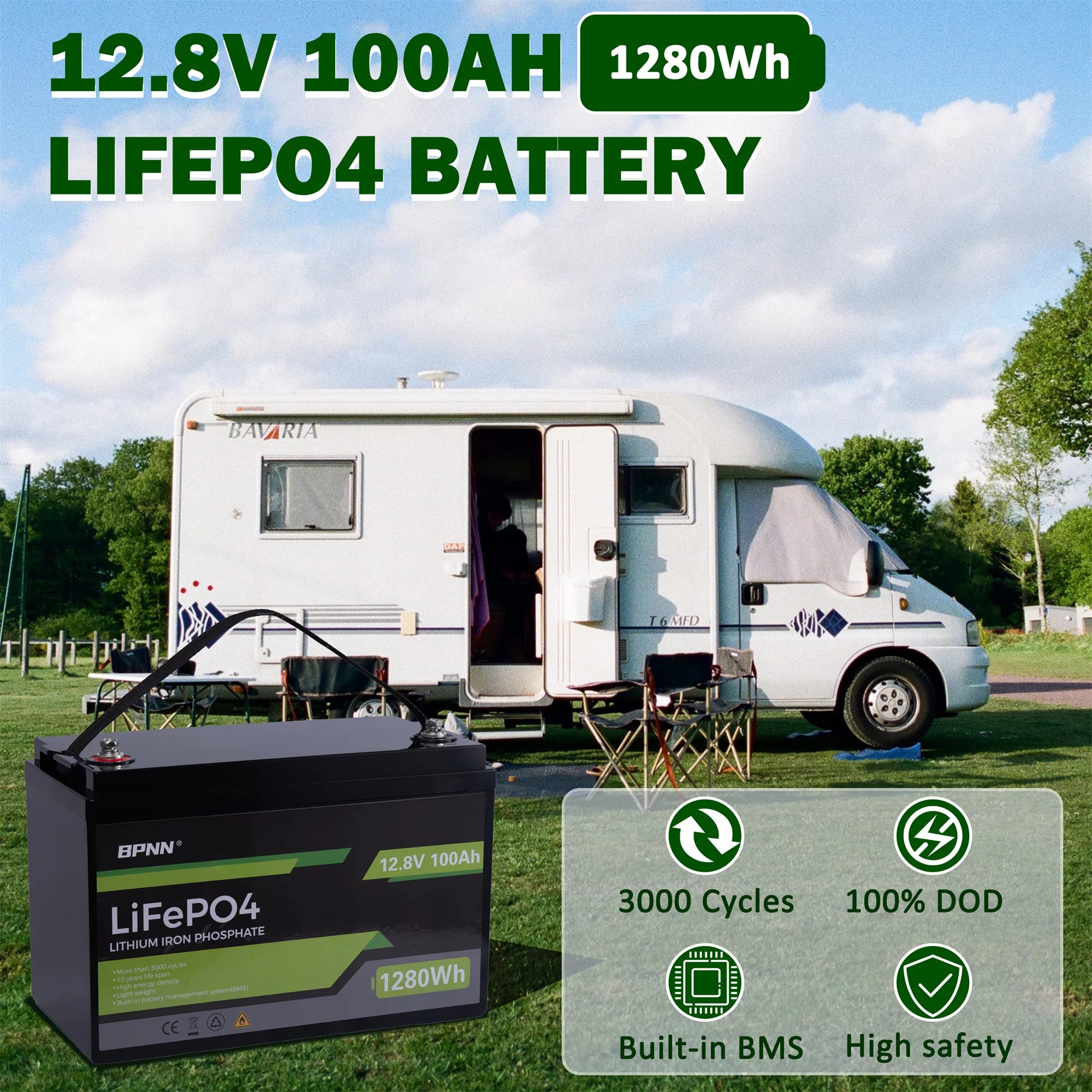 12V 100Ah LiFePO4 Battery for RV Solar Home Backup T738514