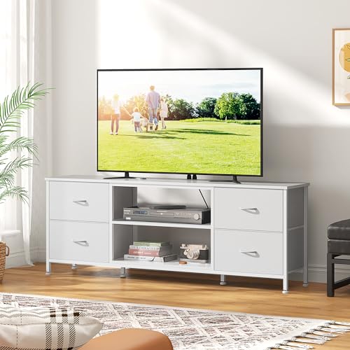 TV Stand with 4 Fabric Drawers and Open Shelves for 50" TV, Black Wood Veins F648