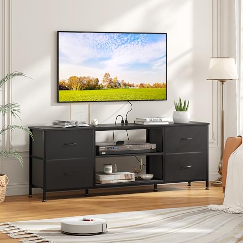 TV Stand with 4 Fabric Drawers and Open Shelves for 50" TV, Black Wood Veins F648