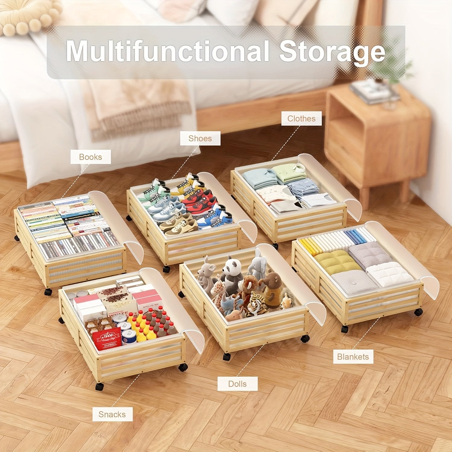 Bamboo Under-Bed Storage Bins with Wheels, 2-Pack O474436