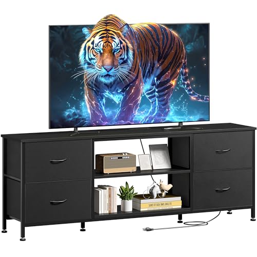 TV Stand with 4 Fabric Drawers and Open Shelves for 50" TV, Black Wood Veins F648