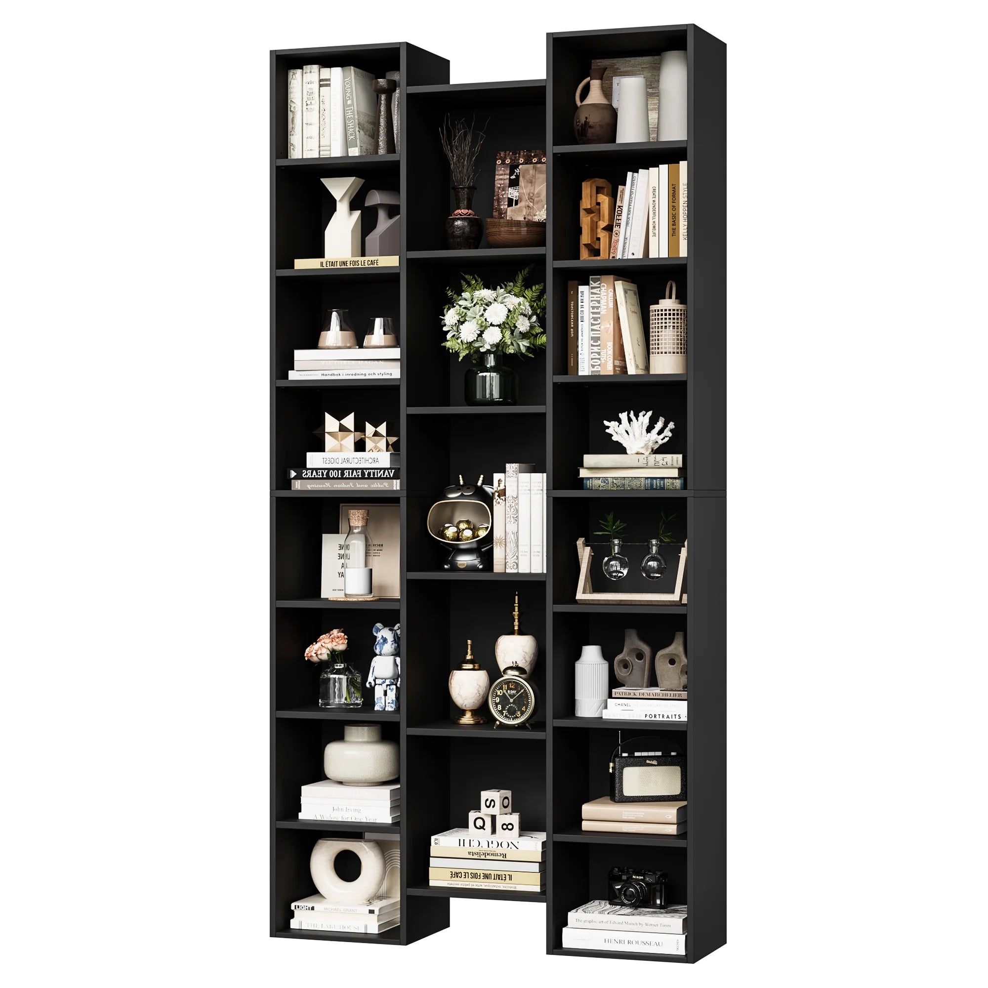 21-Cube Bookcase with Adjustable Shelves, Triple Width Storage Rack, Black I4384