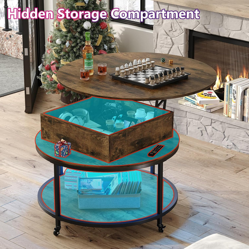 Round Lift Top Coffee Table with 2-Tier Storage and Wheels E803