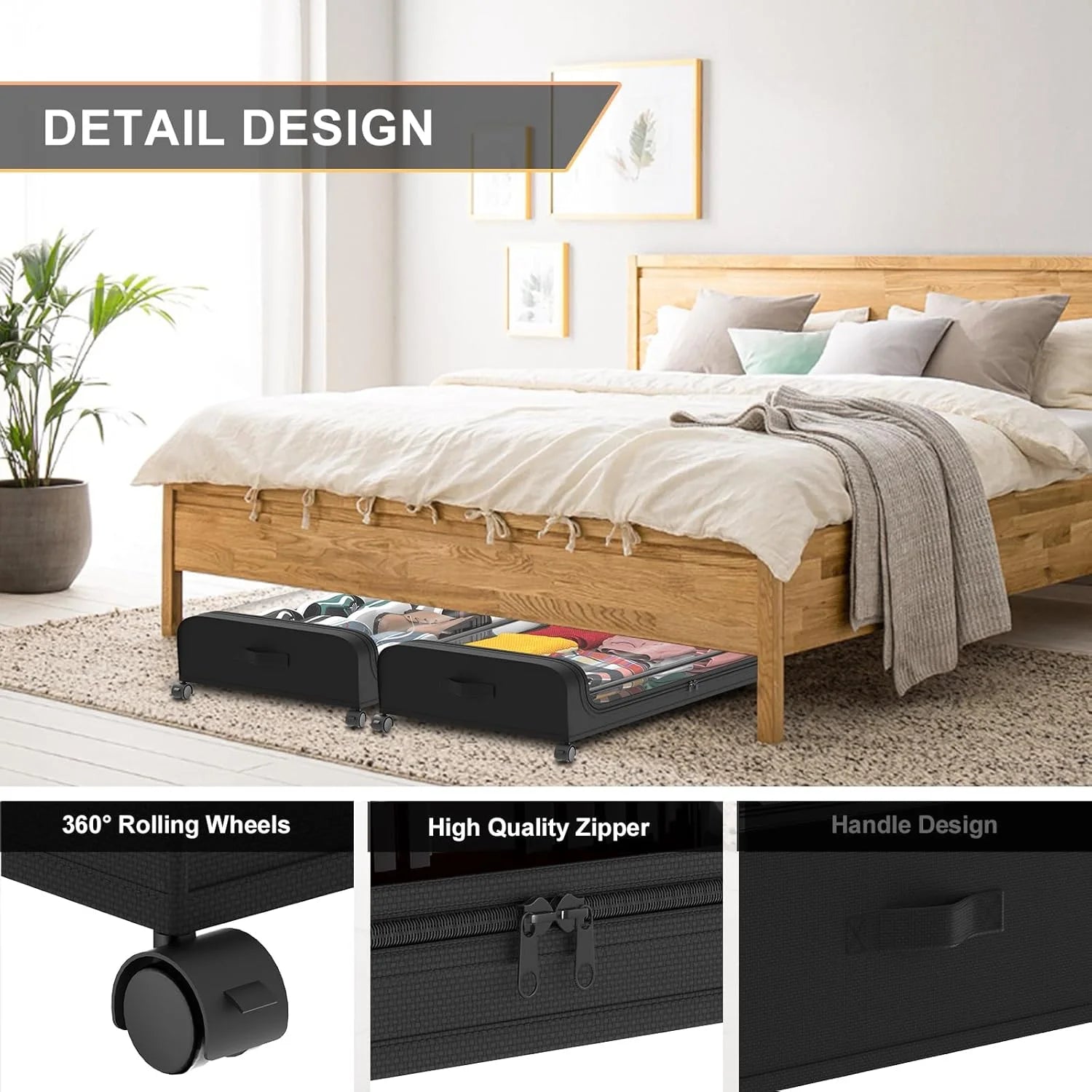 Under Bed Storage with Wheels 2 Pack, Large Rolling Containers with Lid S525