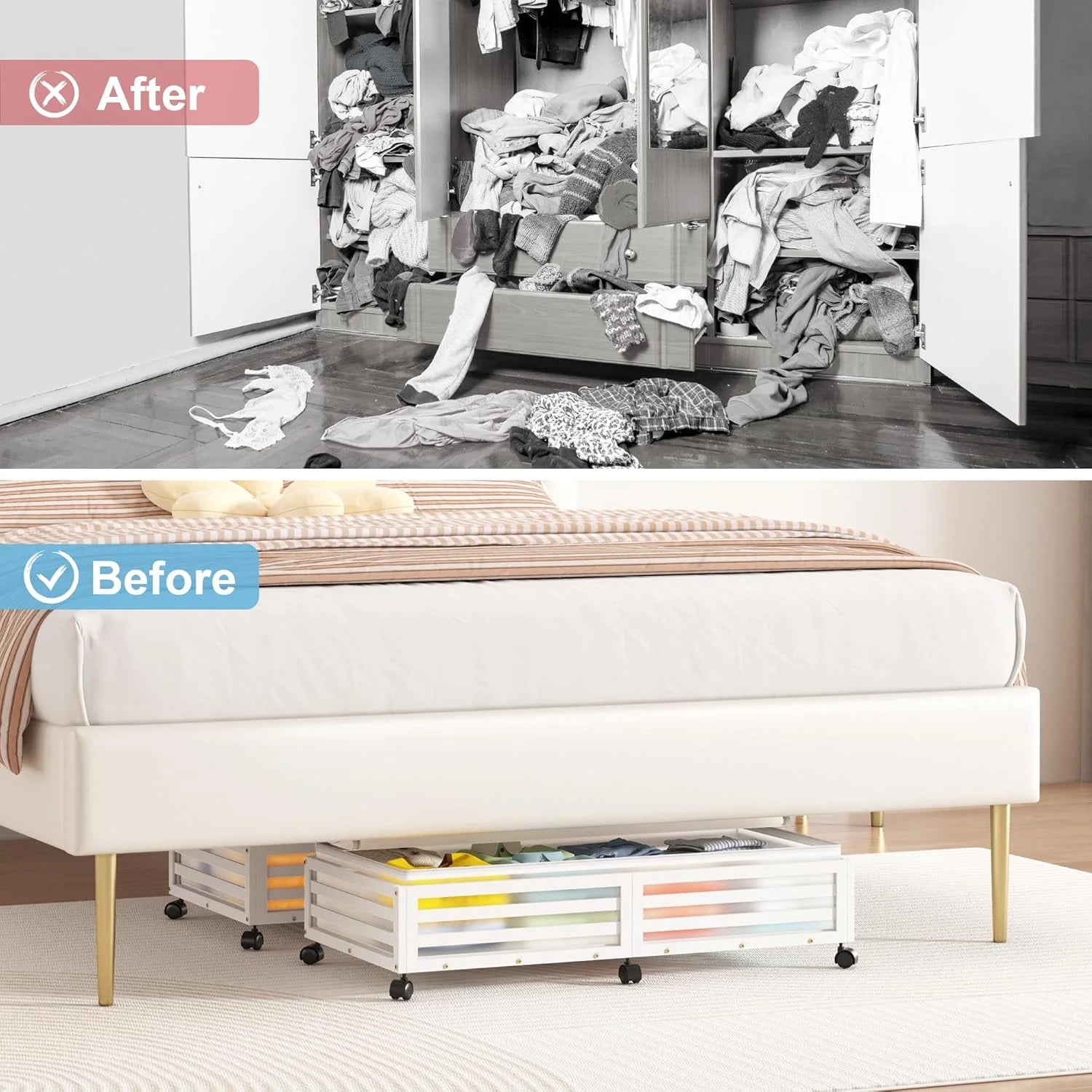 Under Bed Storage Containers with Wheels, Bamboo Wood Rolling Bins with Dust Bags I4348