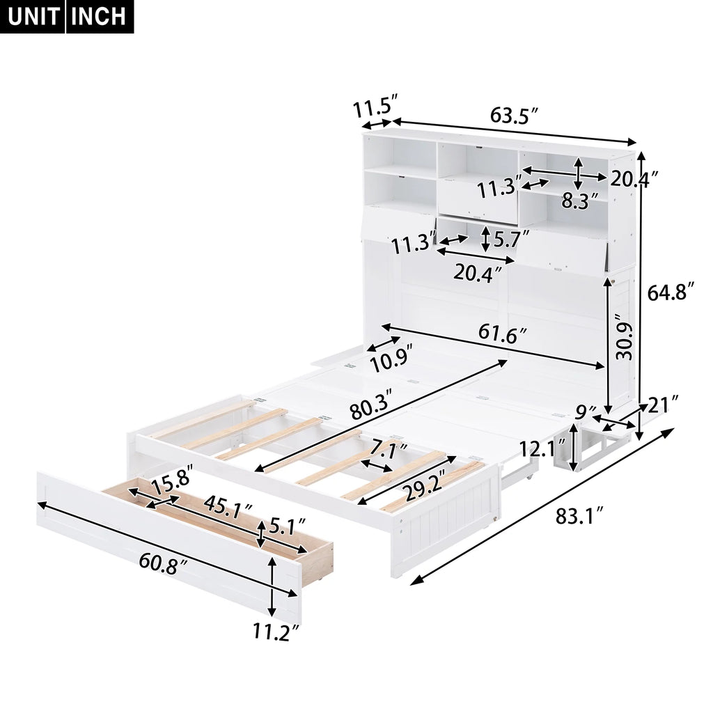 Queen Size Murphy Bed with Bookcase and Drawer, White F2789