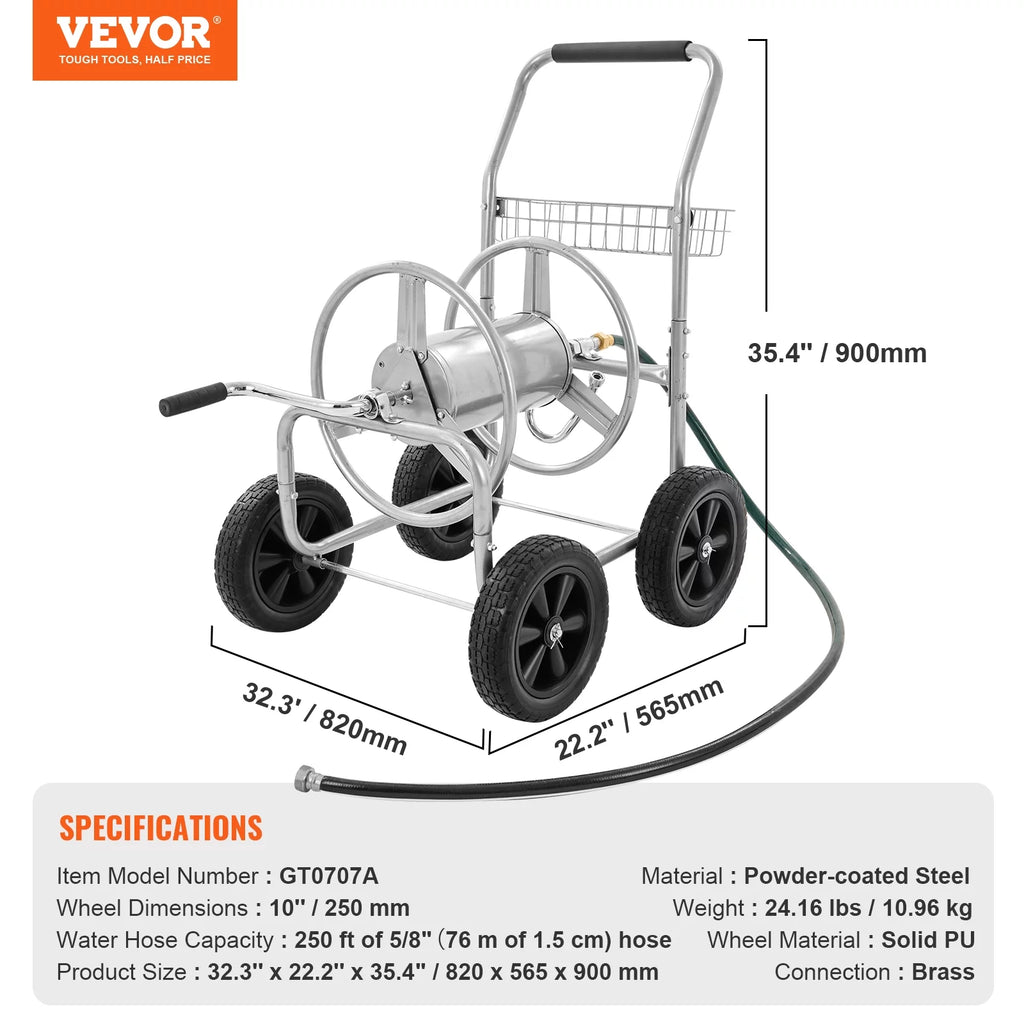 Hose Reel Cart with Wheels, Metal, Holds 250 ft of 5/8" Hose P9804
