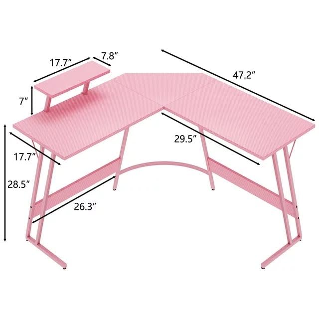 Pink L-Shaped Gaming Desk with Monitor Stand, 47 Inch Corner Computer Table I764