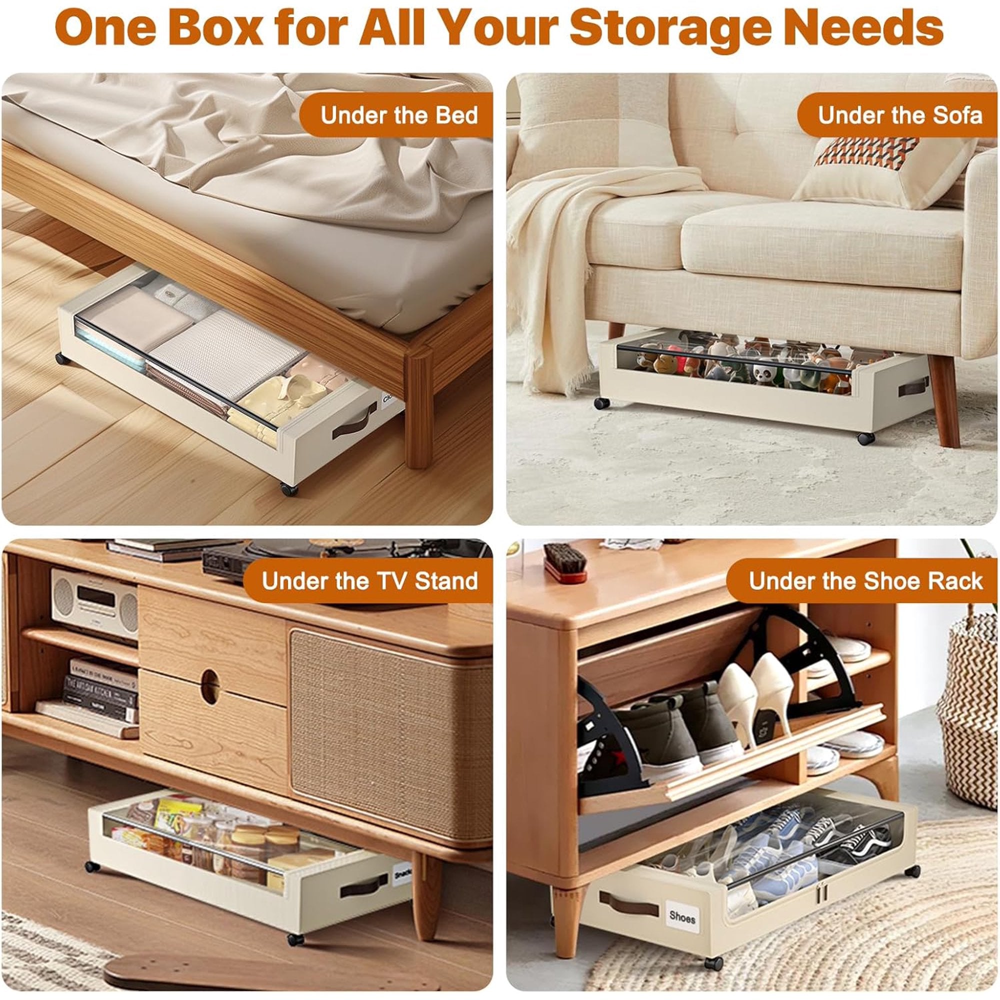 Under Bed Storage Containers with Wheels, 4 Pack, XXL 60L, Clear Lids X97107
