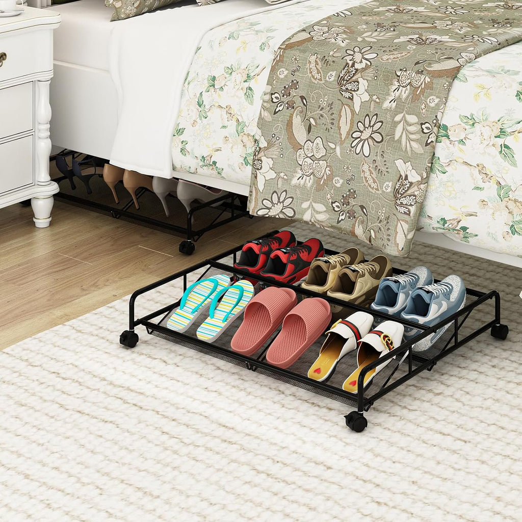Under Bed Shoe Storage Organizer, 2 Pack Metal Mesh with Wheels J5210