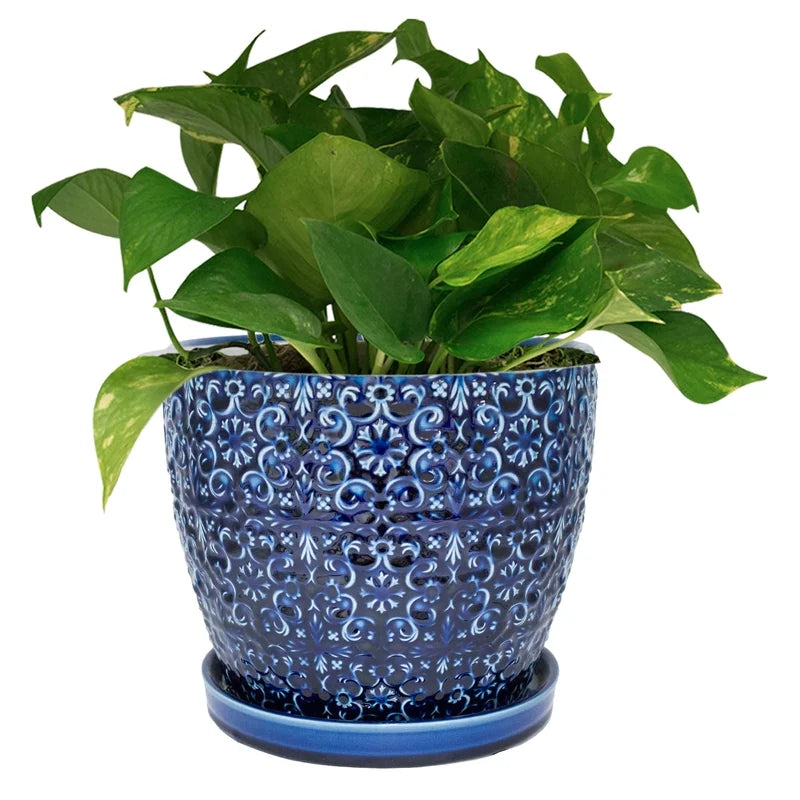 Blue Ceramic Planter 10 Inch Round U672