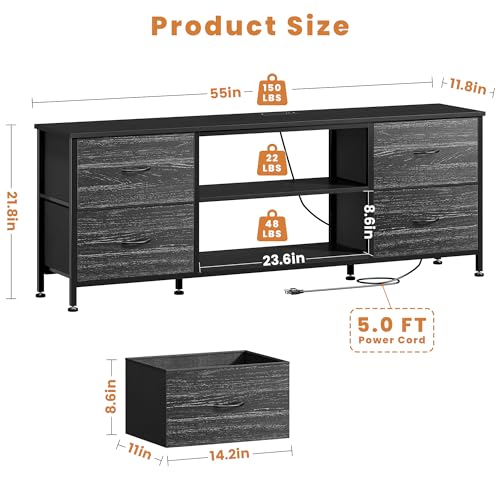 TV Stand with 4 Fabric Drawers and Open Shelves for 50" TV, Black Wood Veins F648