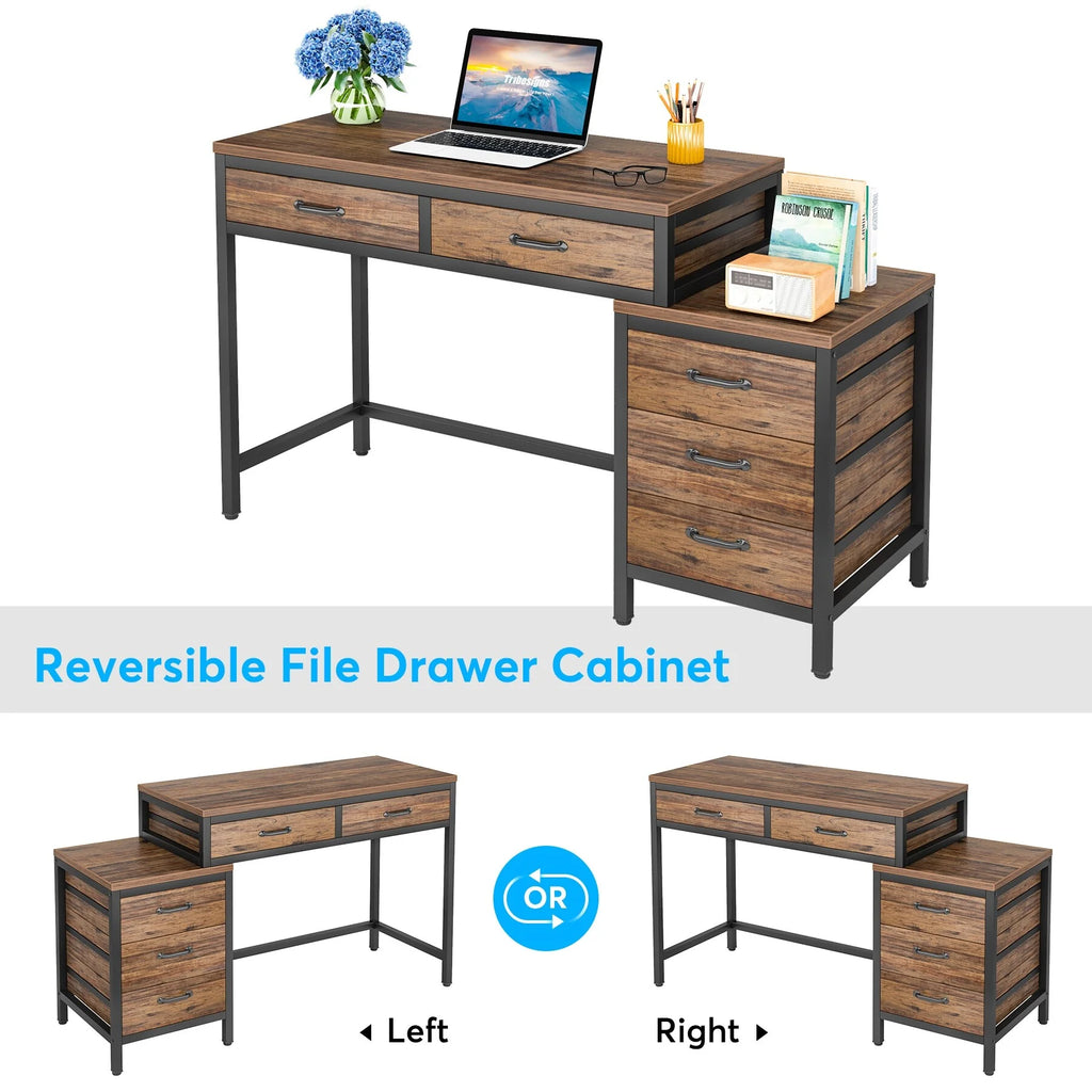 Reversible Computer Desk with 5 Drawers and File Cabinet T75542