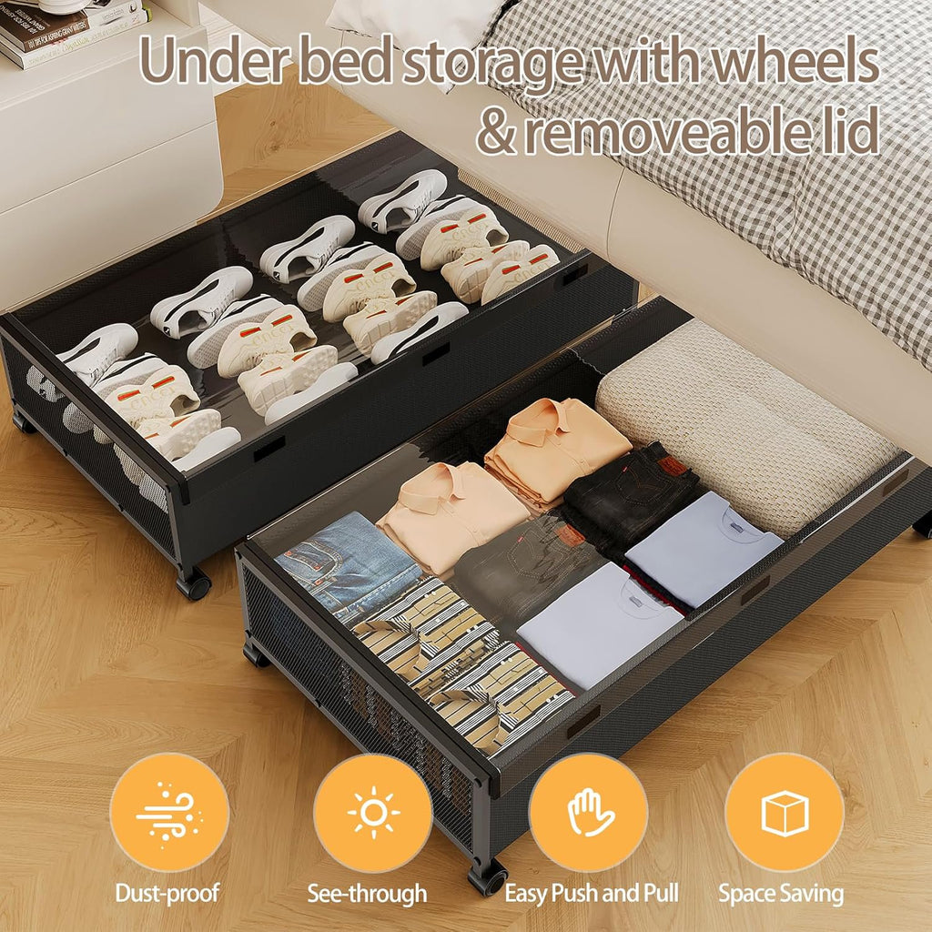 Under Bed Storage with Wheels, 2 Pack Rolling Metal Drawer for Clothes Q5272