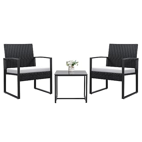 Devoko 3 Piece Patio Set, Outdoor Furniture Set Wicker Patio Conversation Sets Clearance Rattan Table and Chairs Set with Coffee Table and Cushion for Balcony Porch Bistro (White)