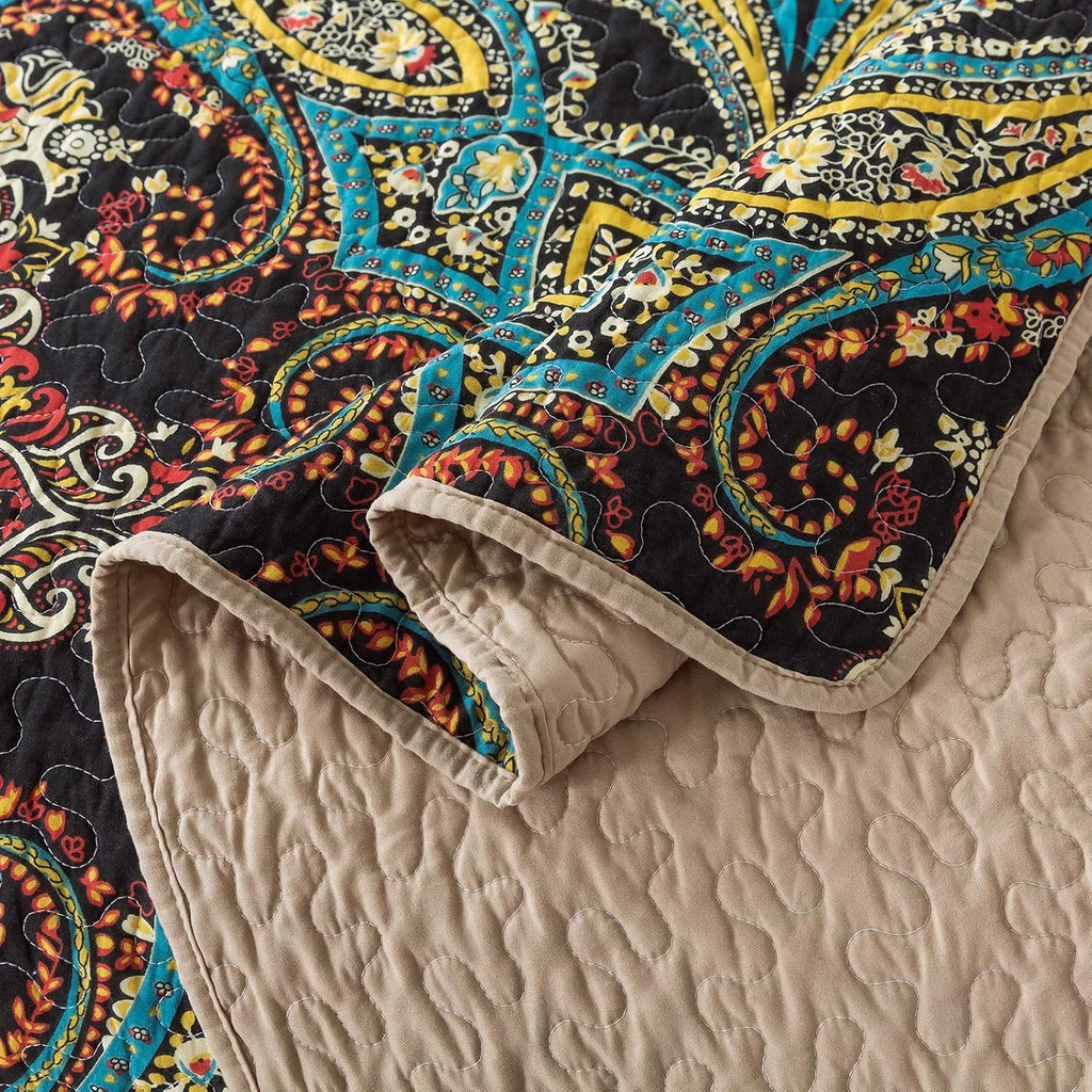 Cotton Bedspread Quilt Set, Reversible Patchwork Coverlet, Floral Pattern D3006