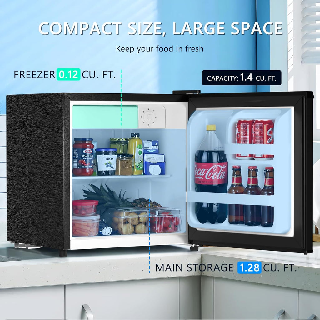 Mini Fridge with Freezer, 1.4 Cu. Ft Compact Refrigerator, Reversible Door, Black H1483