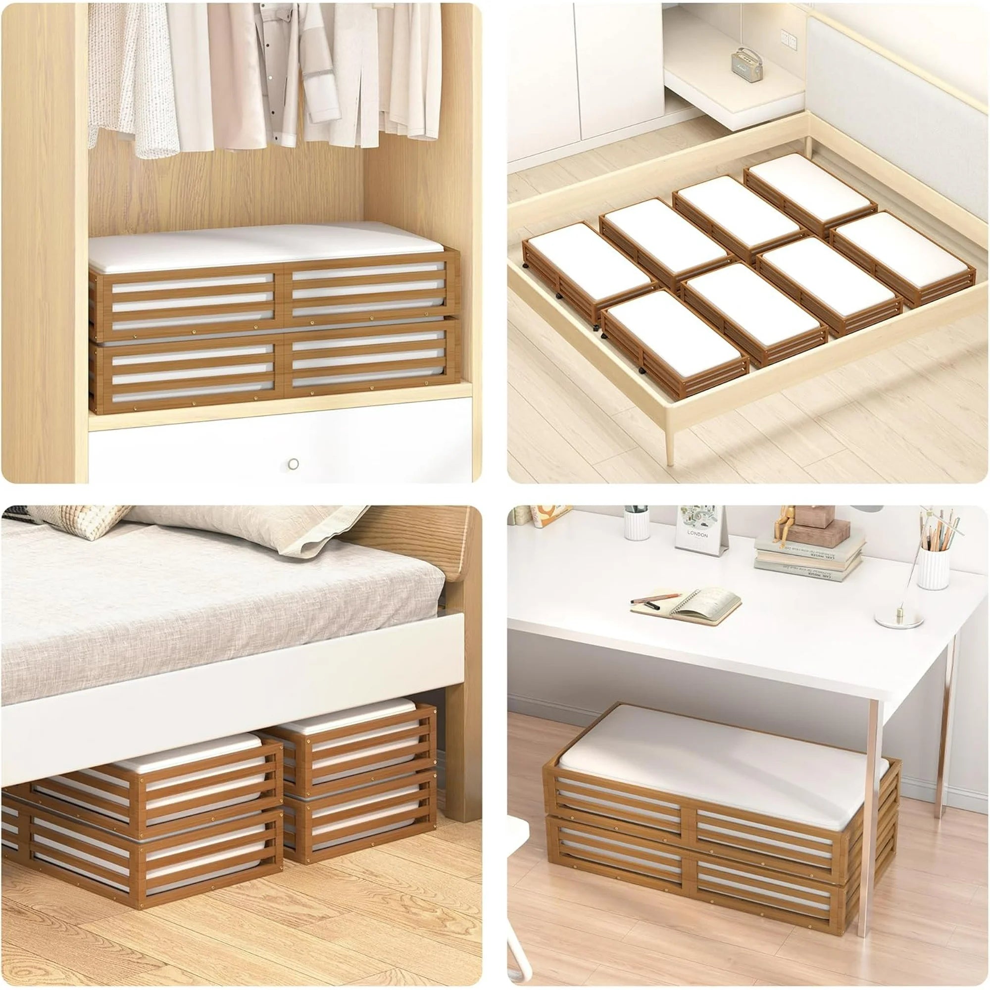 Bamboo Under Bed Storage Containers with Wheels and Dust Bag B86438