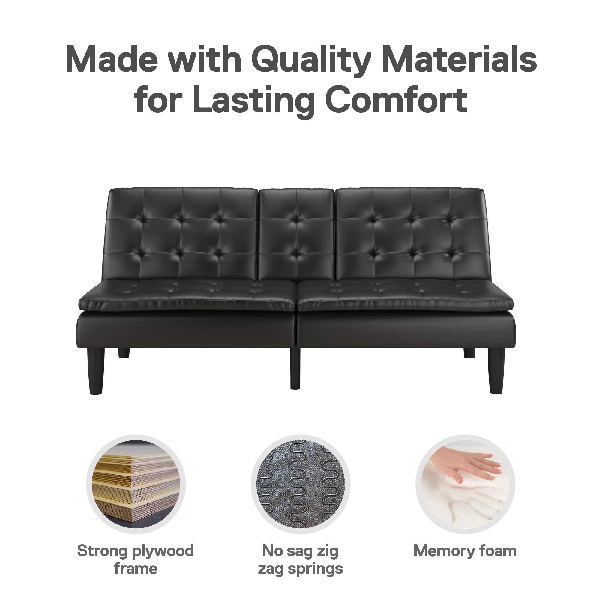 Memory Foam Futon with Cupholder and USB, Black Faux Leather P11538
