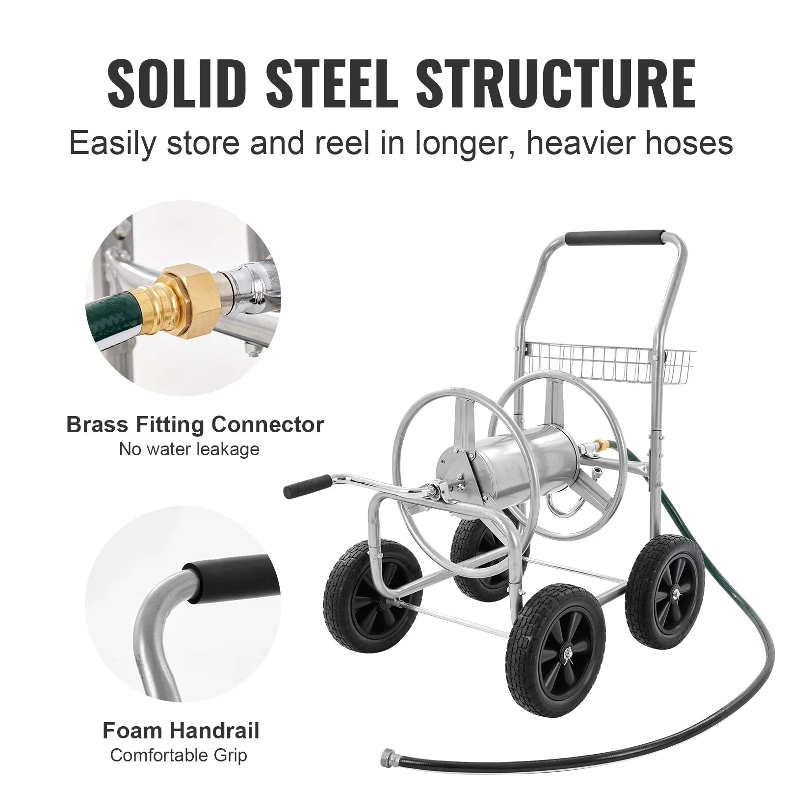 Hose Reel Cart with Wheels, Metal, Holds 250 ft of 5/8" Hose P9804