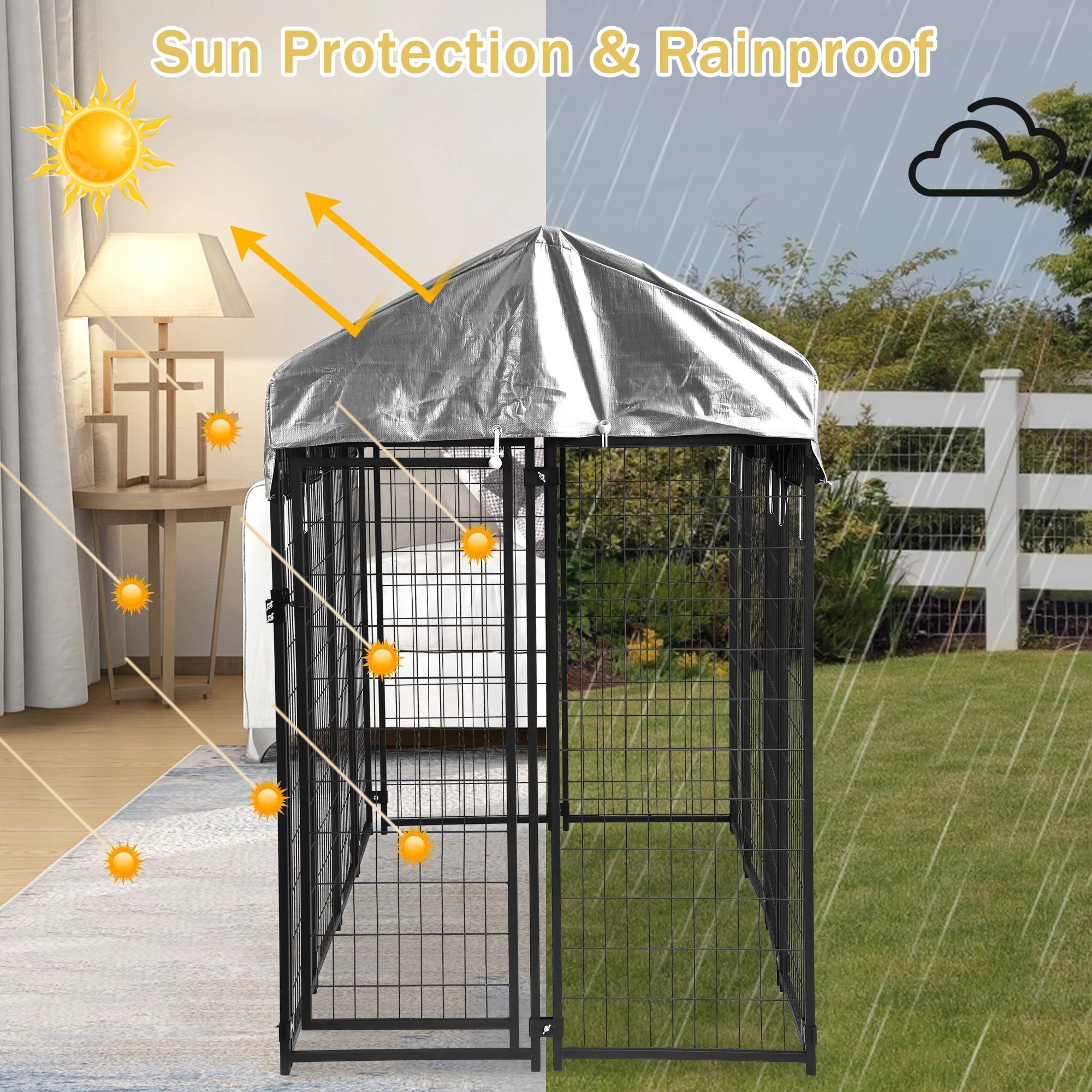 Heavy Duty Outdoor Dog Kennel with Waterproof UV Cover, Large Metal Dog Pen X68622