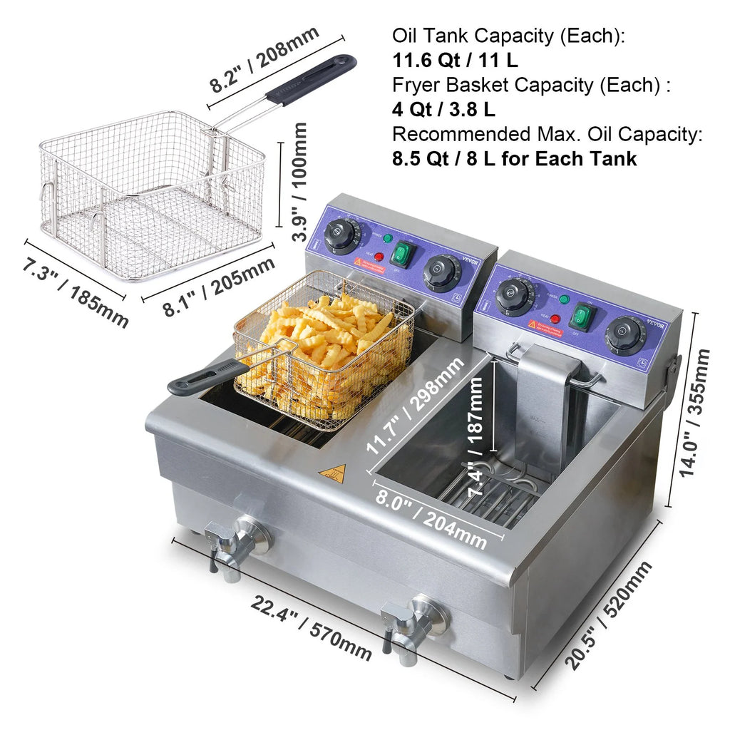 Commercial Electric Deep Fryer, Dual Tanks 3000W Countertop F7184