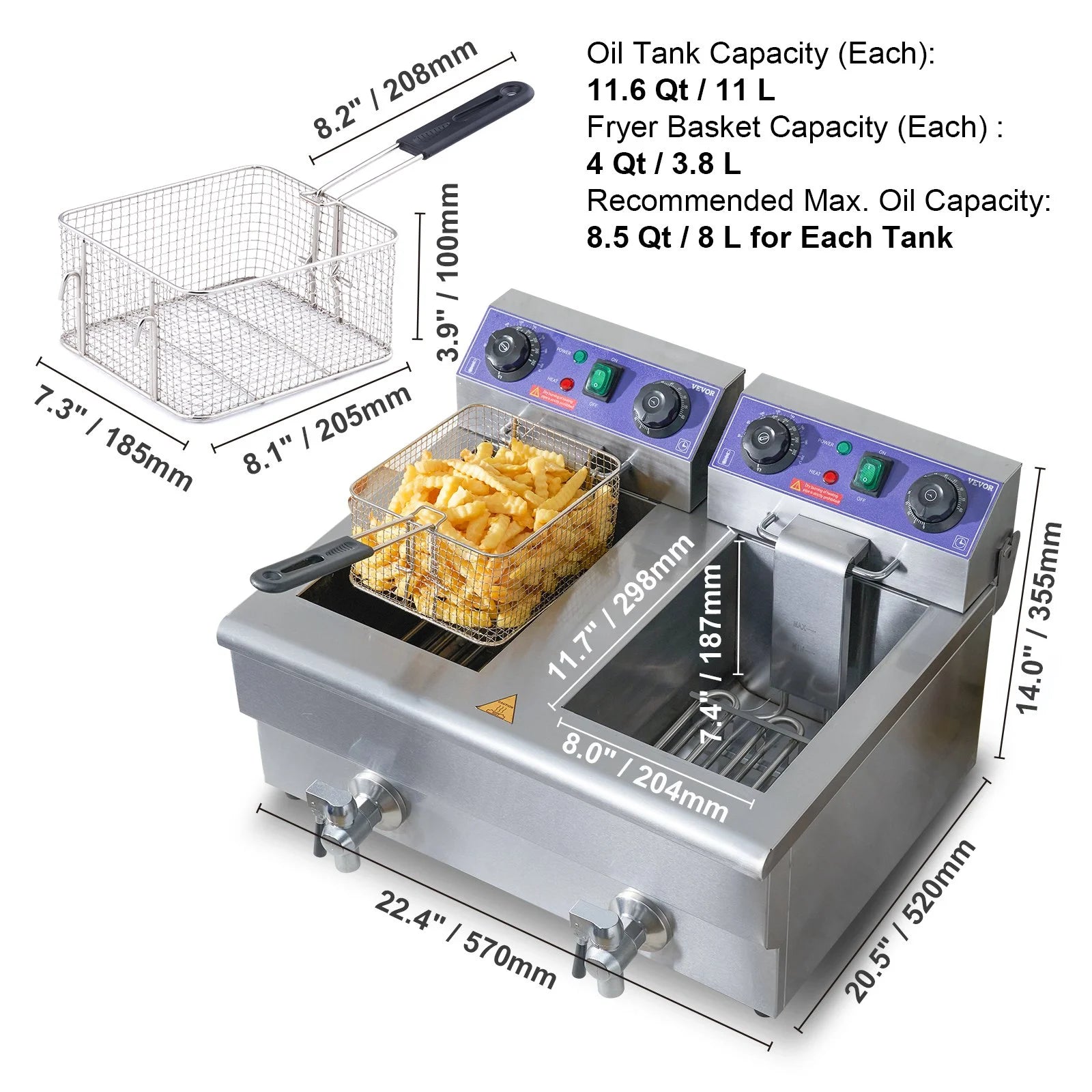 Commercial Electric Deep Fryer, Dual Tanks 3000W Countertop F7184