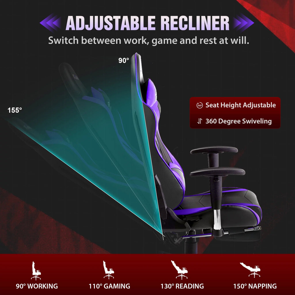 Gaming Chair with Footrest, PU Leather, Adjustable Headrest, Purple U7287