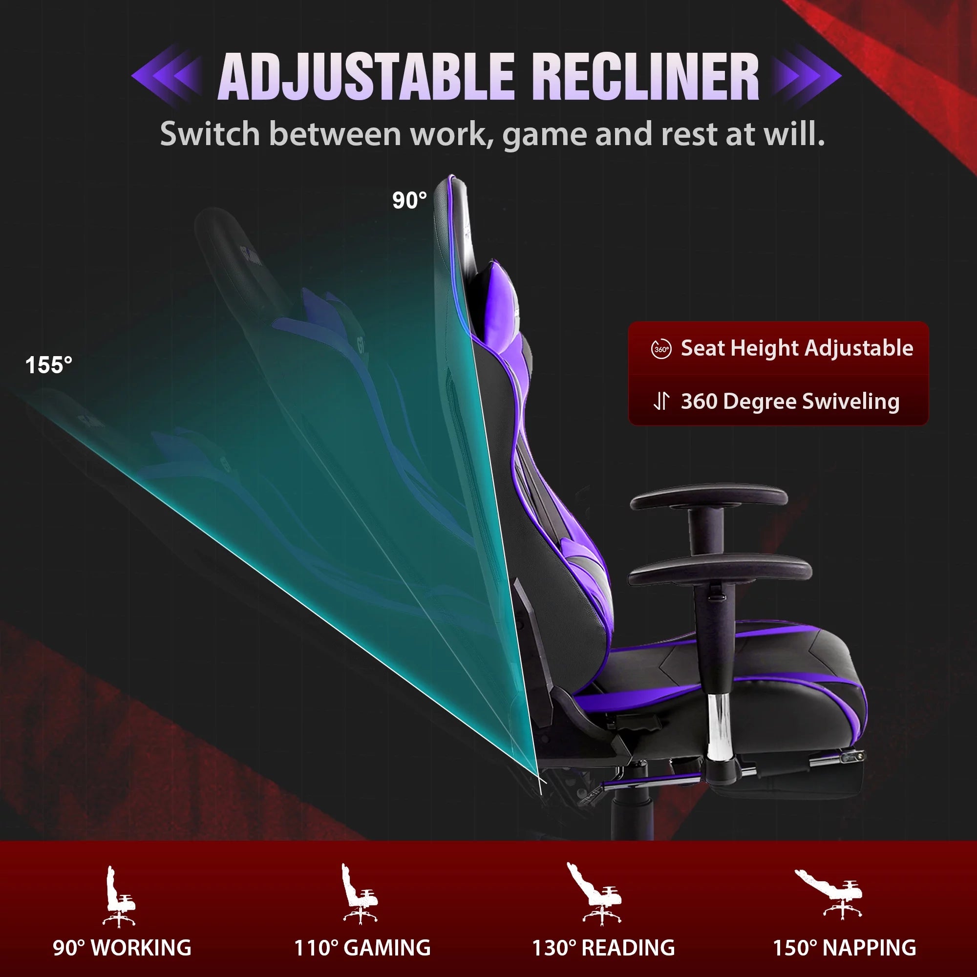 Gaming Chair with Footrest, PU Leather, Adjustable Headrest, Purple U7287