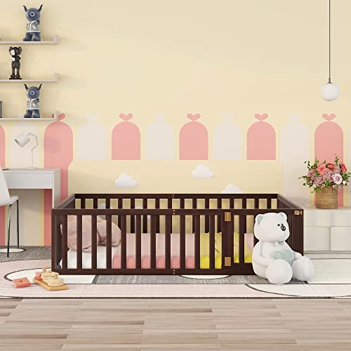 Twin Floor Bed Frame with Safety Fence, Solid Wood U412