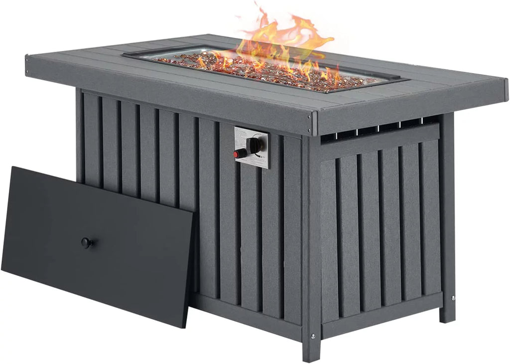 43 Inch HDPE Propane Fire Pit Table with Lid and Fire Glass, Gray F161