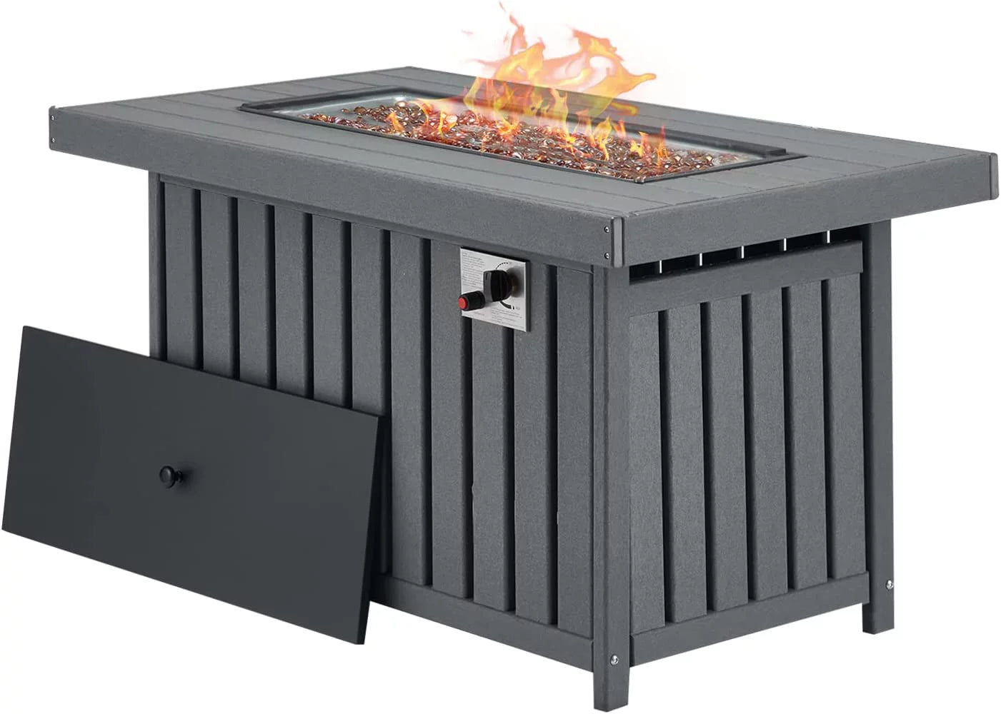 43 Inch HDPE Propane Fire Pit Table with Lid and Fire Glass, Gray F161
