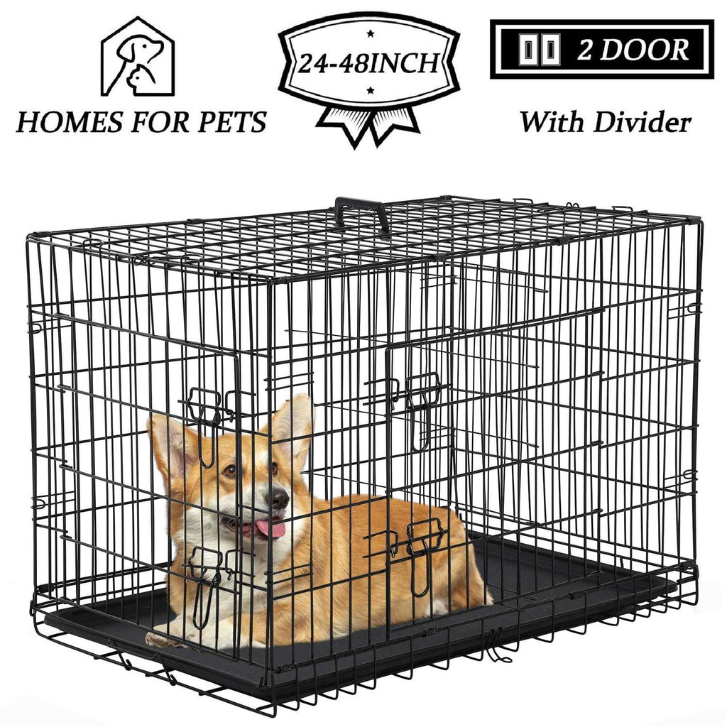 Foldable Large Dog Crate with Metal Wire Cage and Plastic Tray U6604