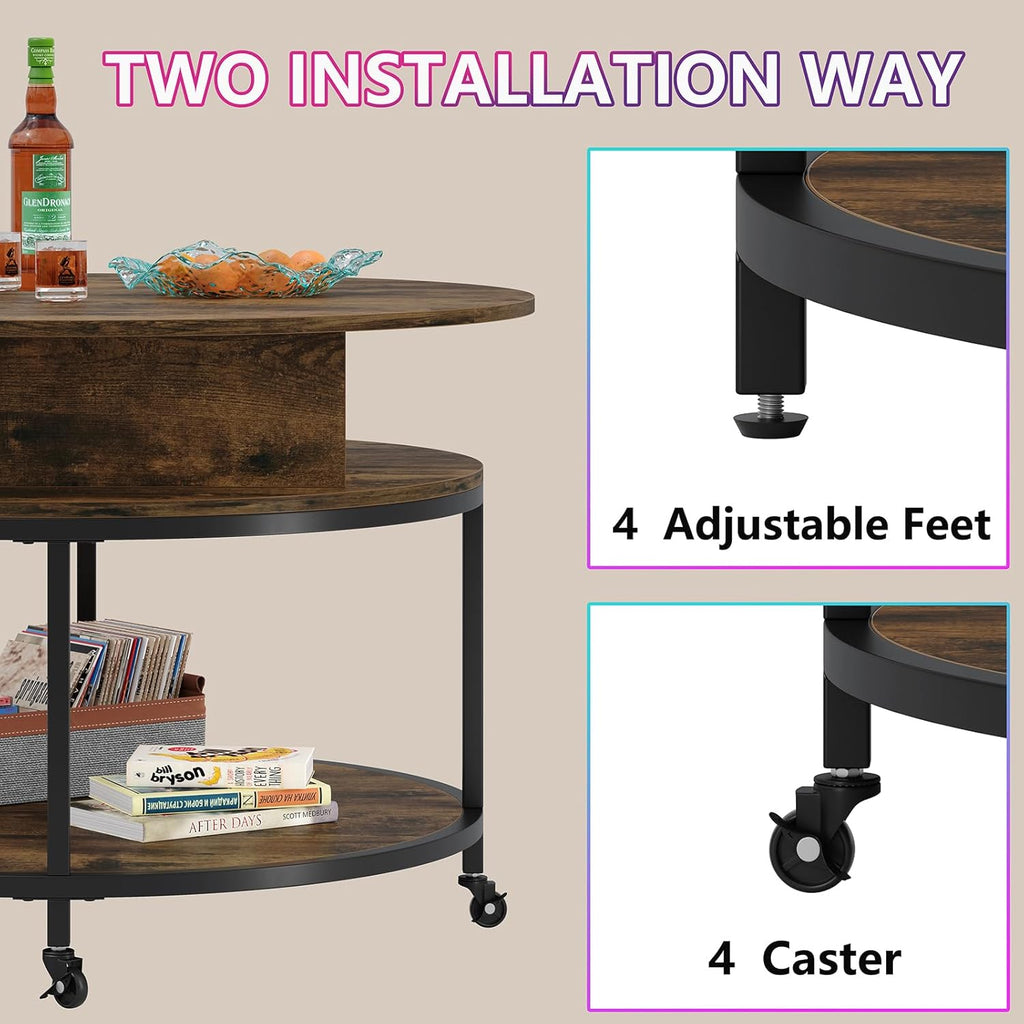 Round Lift Top Coffee Table with 2-Tier Storage and Wheels E803