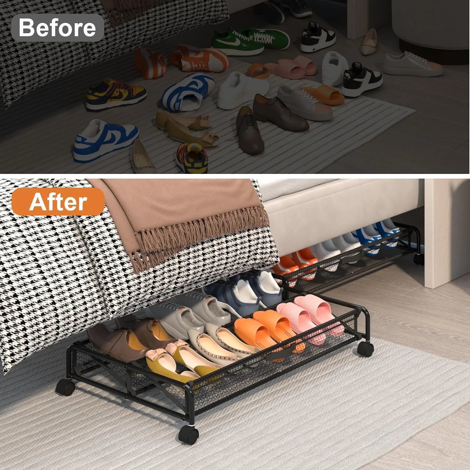 Under Bed Shoes Storage Containers with Wheels, Breathable Mesh K6508