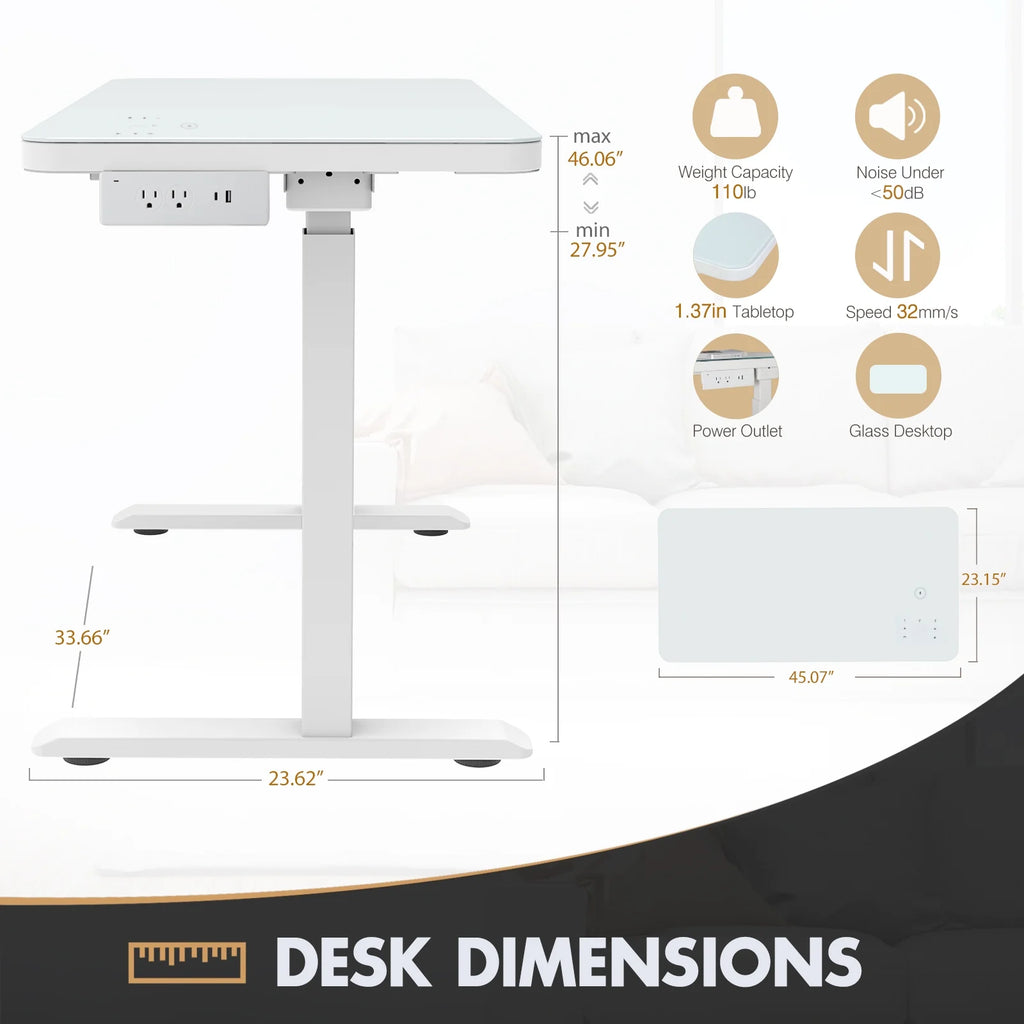 Electric Glass Standing Desk with Drawers, Dual Motor Height Adjustable, White S497991