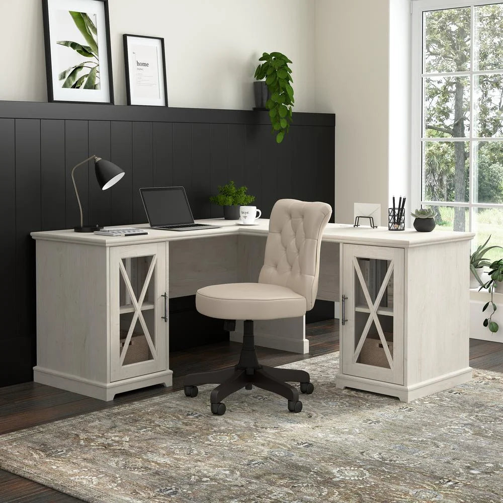 L-shaped Engineered Wood Desk in Linen White Oak E3370