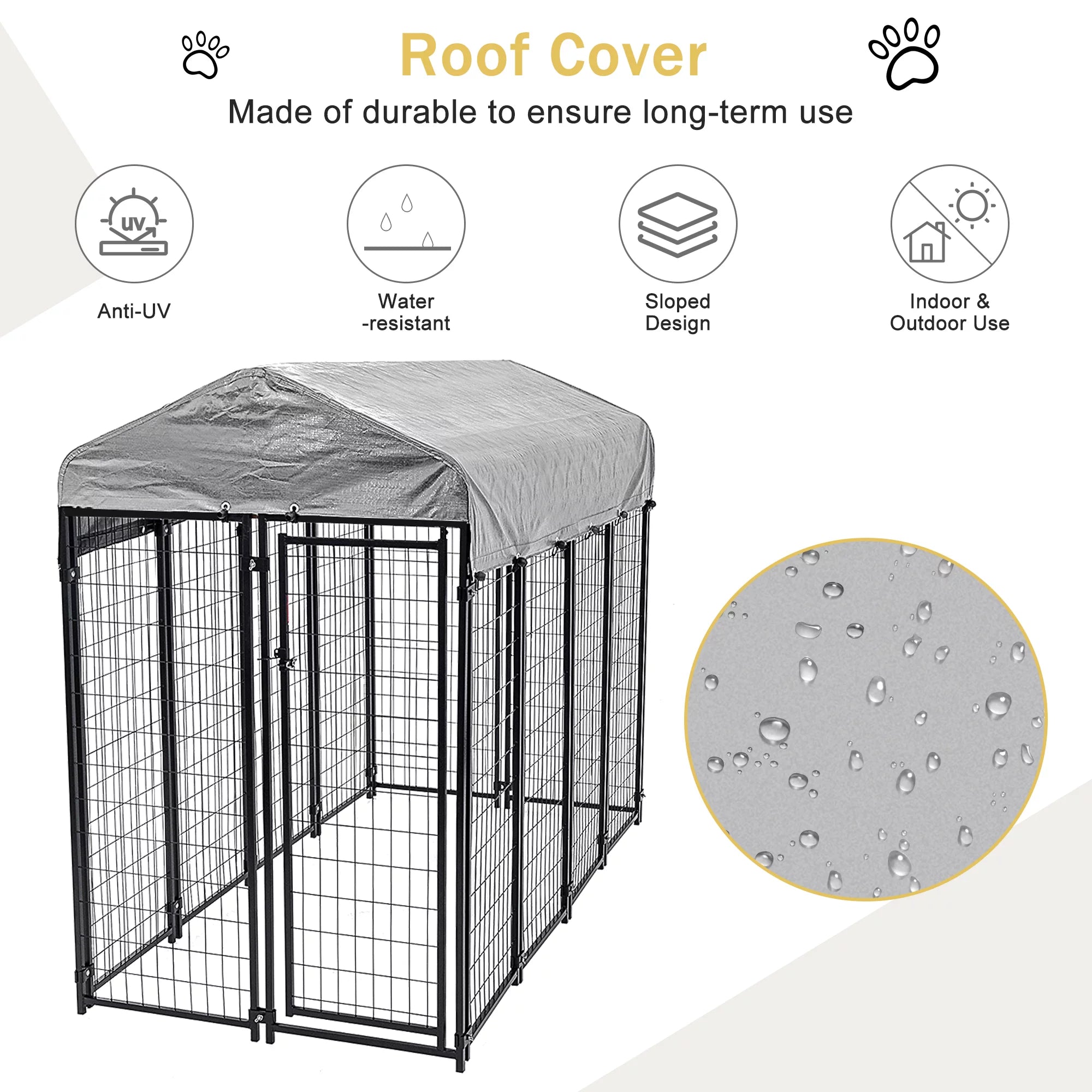 Heavy Duty Outdoor Dog Kennel with Waterproof UV Cover, Large Metal Dog Pen X68622